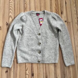 NWT Vince Camuto Womens Puffed Shoulder Ribbed Cardigan Grey Knit Button Sweater